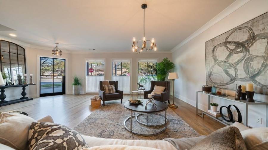 View from terrace level bathroom toward the front door.