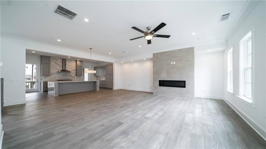Huge family room with fireplace.