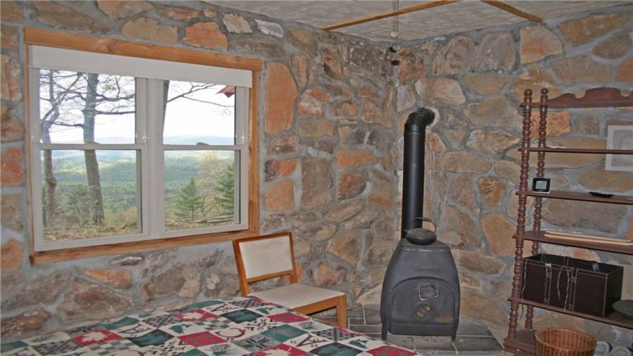 Window view and a wood stove