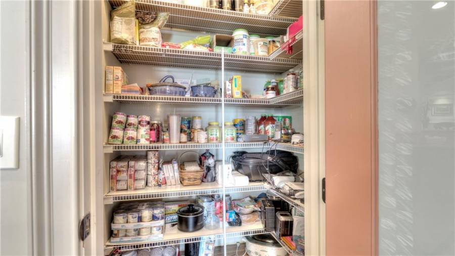 Roomy walk-in pantry with plenty of shelves for food and appliance storage.