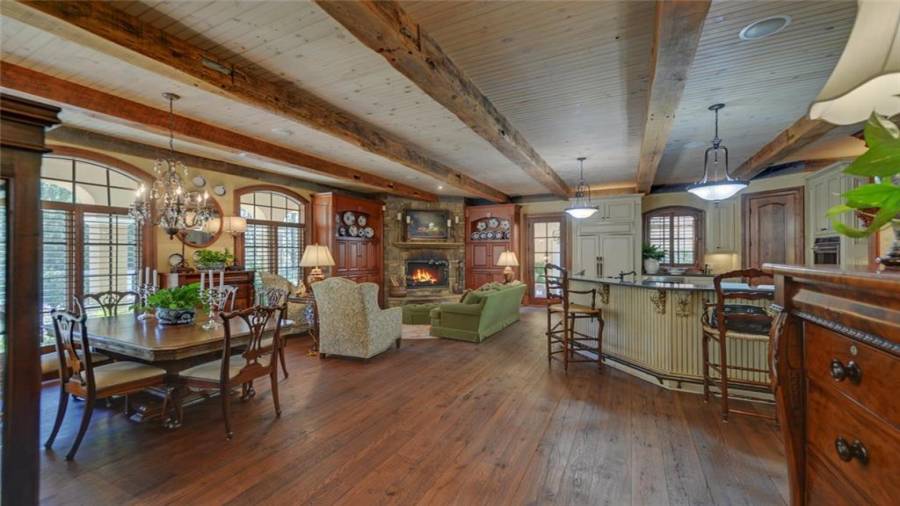 Love the ceiling beams which came from an old barn in Wisconsin.