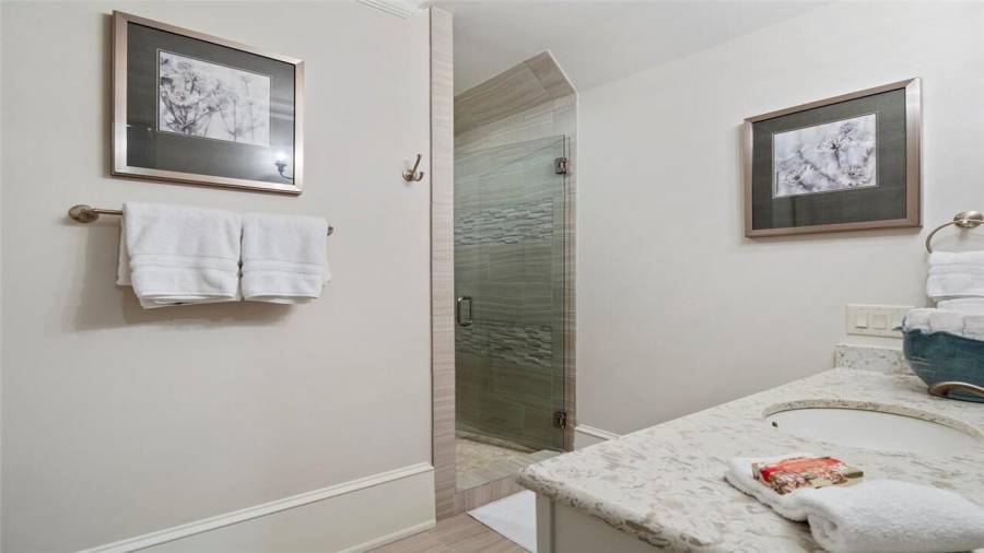 Bathroom with walk-in shower in the carriage apartment.