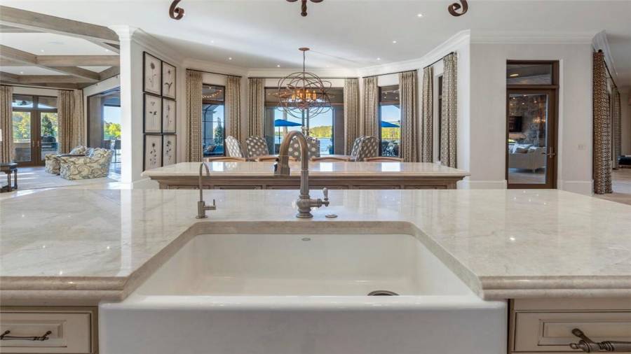 The kitchen is surrounded by lake views.