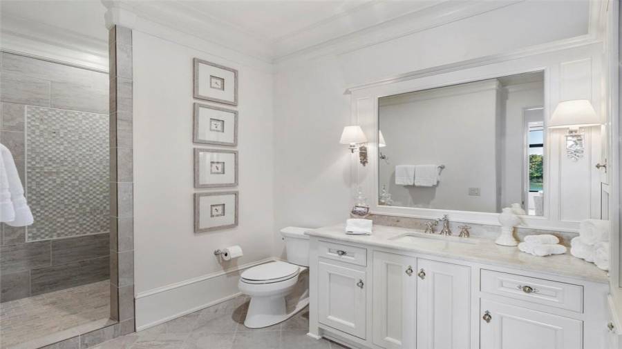 Walk in shower with marble detail.