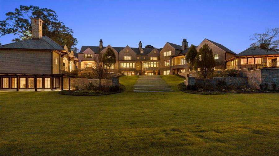 Breathtaking architecture is beautifully lit in the evening.