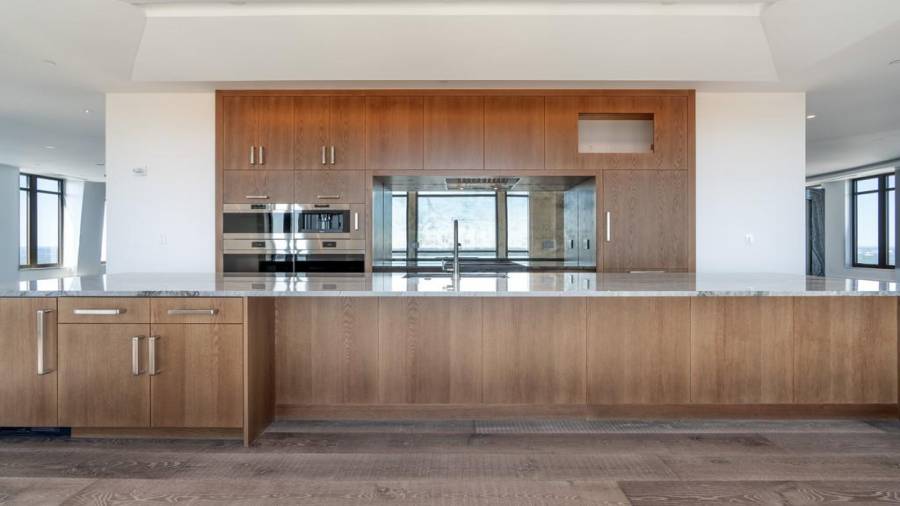 Kitchen with Antiqued Mirror Reflecting Eastern Views.