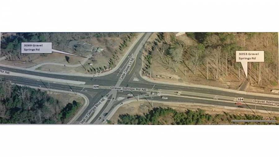 Aerial View 3053 & 3069 Gravel Springs Rd site includes all utilities plus curb cuts on Cedar Glade Lane & Gravel Springs Rd / SR 324 - Intersection of SR 324 / Gravel Spring Rd, Mall of Ga Blvd, & Cedar Glade Ln