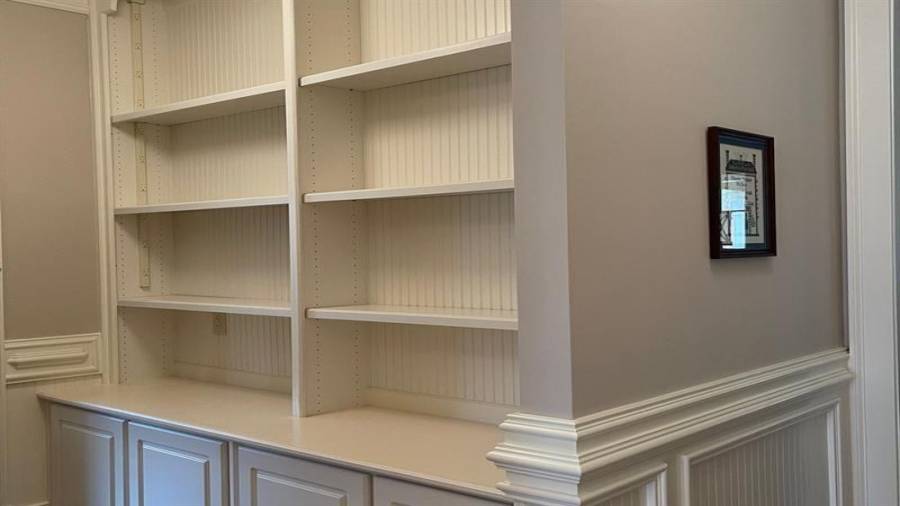 Custom shelving entering the main floor laundry room.