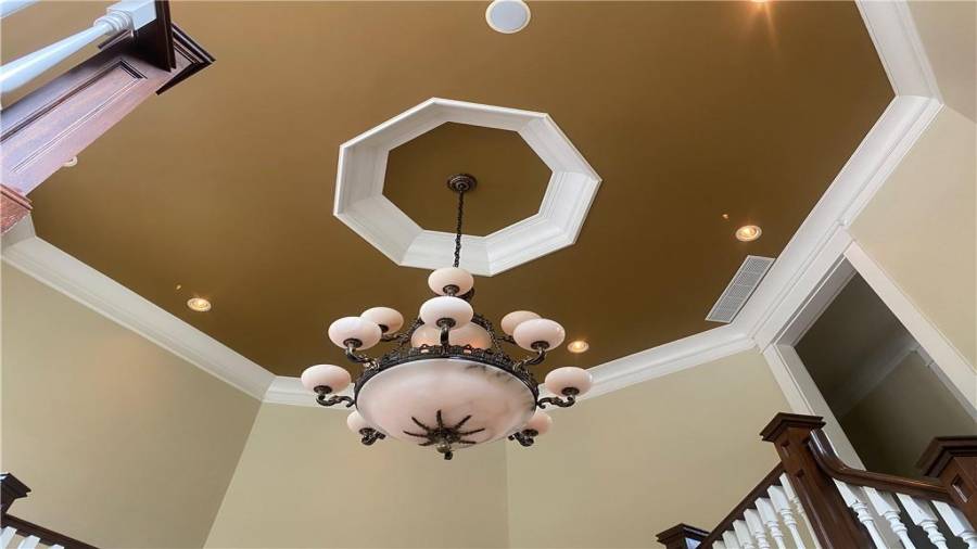 2 story entry foyer is amazing. Double trey ceilings, recessed lighting and custom built winding stair case.  Elevator services the top floor. Reading area at the top of the landing. Custom trim through out the home.