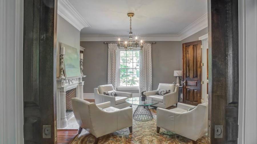 Entrance to study from dining room via pocket mahogany doors.